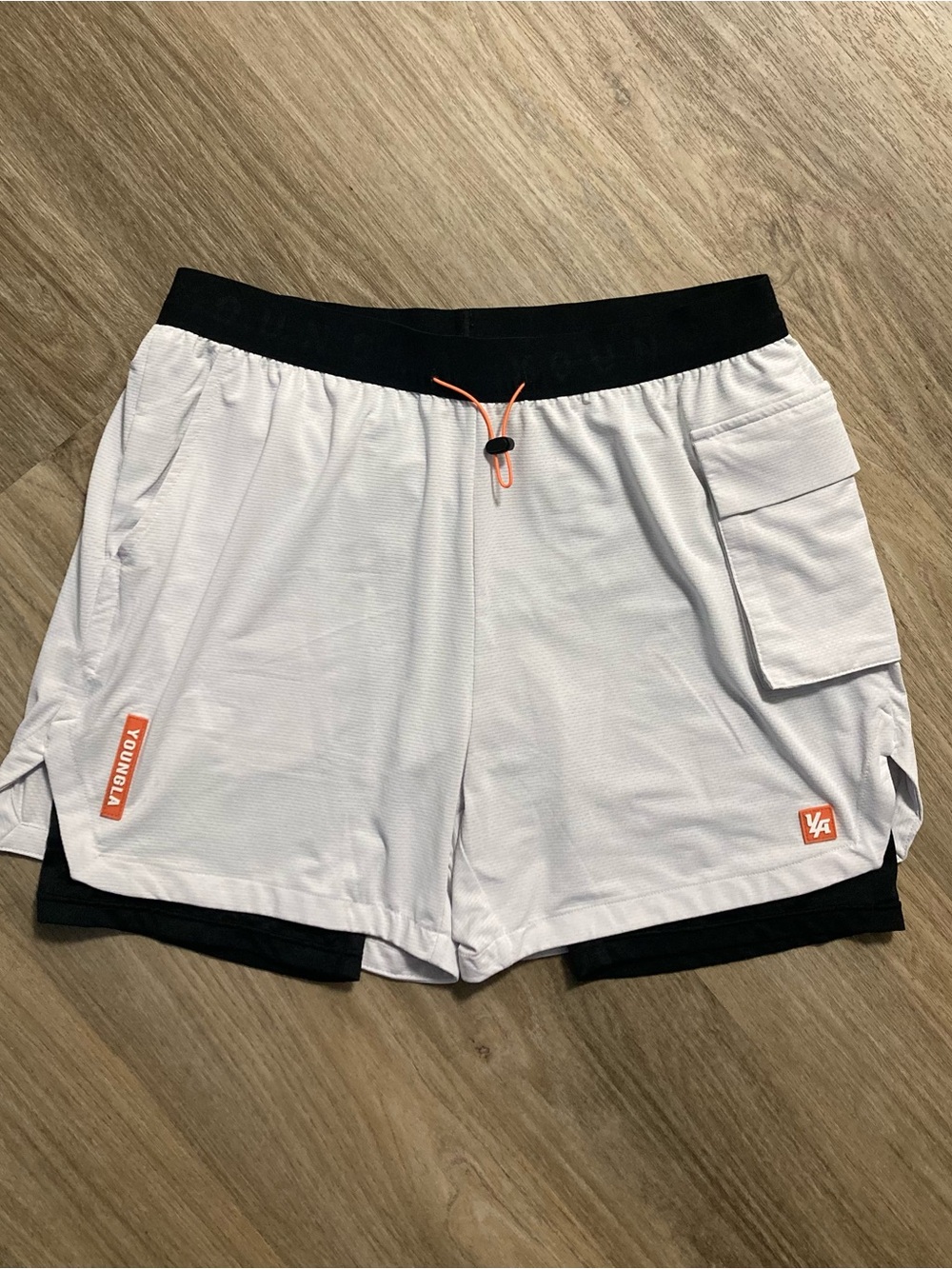 YoungLA White Athletic Shorts with Black compression and Orange Accent - Picture 4 of 8